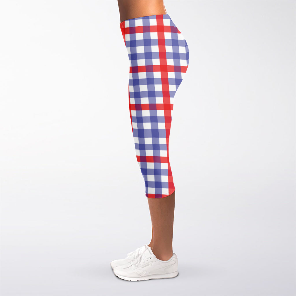 Blue Red And White Check Pattern Print Women's Capri Leggings
