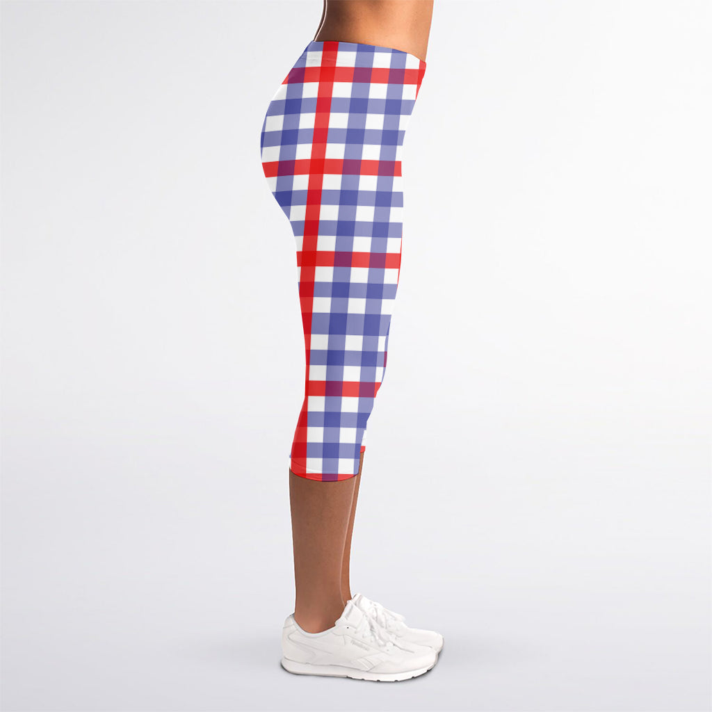 Blue Red And White Check Pattern Print Women's Capri Leggings