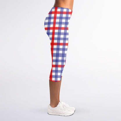 Blue Red And White Check Pattern Print Women's Capri Leggings
