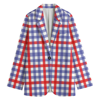 Blue Red And White Check Pattern Print Women's Cotton Blazer