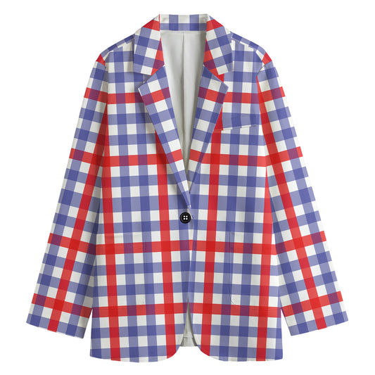 Blue Red And White Check Pattern Print Women's Cotton Blazer