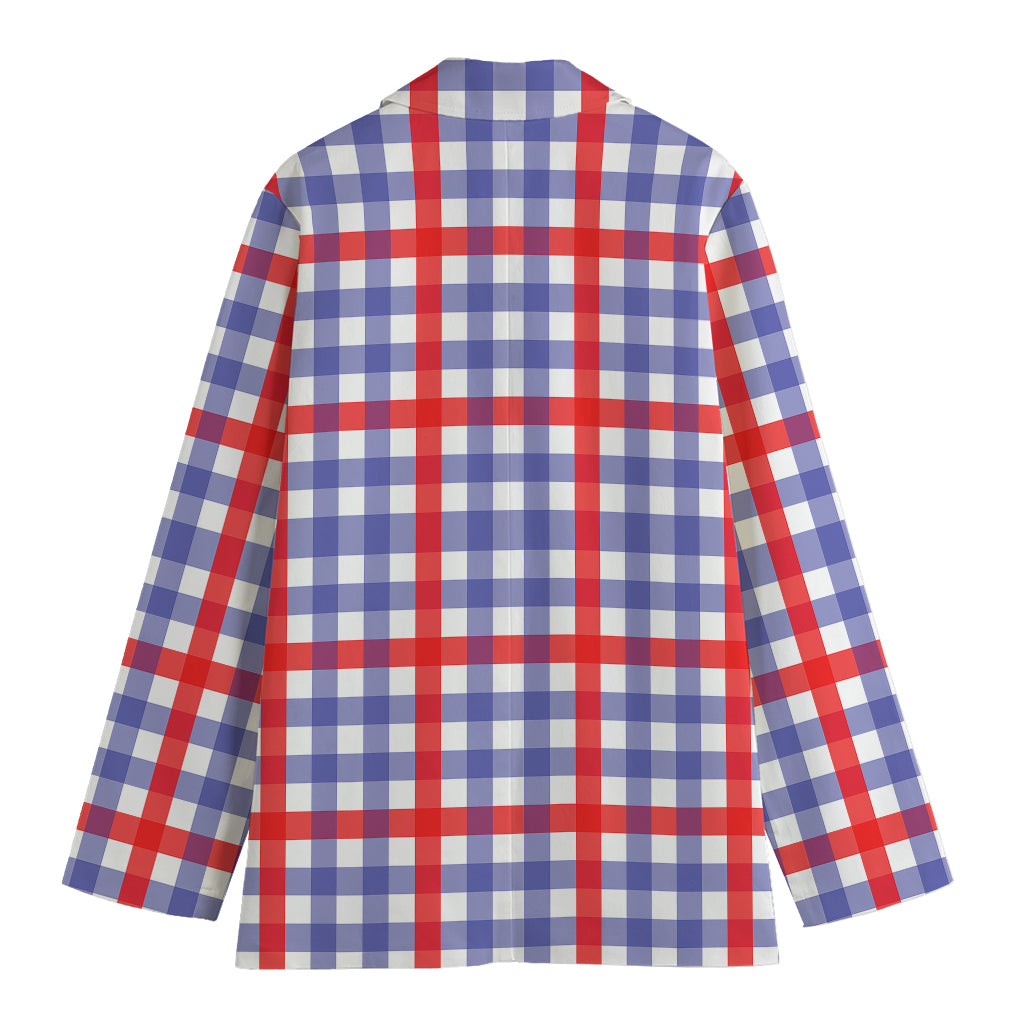 Blue Red And White Check Pattern Print Women's Cotton Blazer
