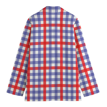 Blue Red And White Check Pattern Print Women's Cotton Blazer
