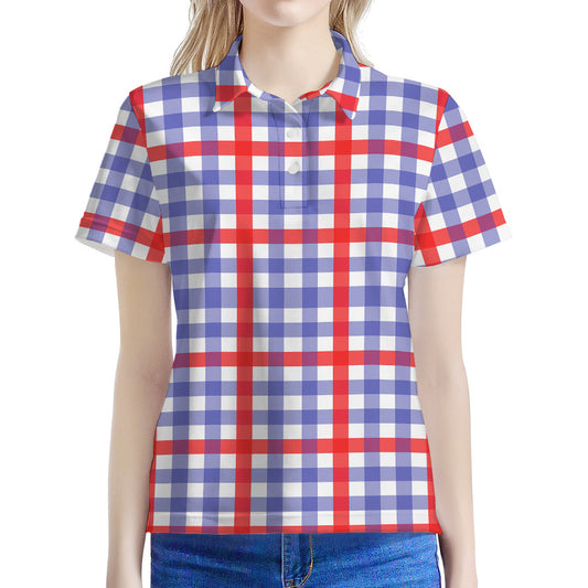 Blue Red And White Check Pattern Print Women's Polo Shirt