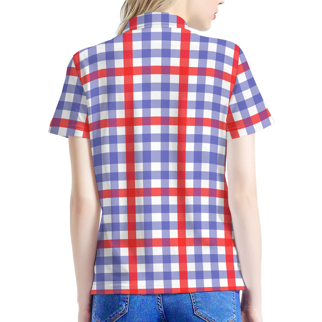 Blue Red And White Check Pattern Print Women's Polo Shirt