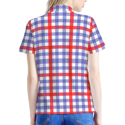 Blue Red And White Check Pattern Print Women's Polo Shirt