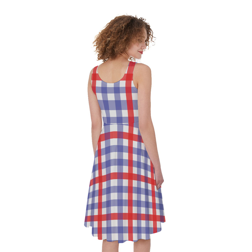 Blue Red And White Check Pattern Print Women's Sleeveless Dress