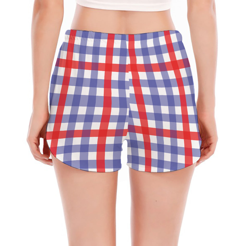Blue Red And White Check Pattern Print Women's Split Running Shorts