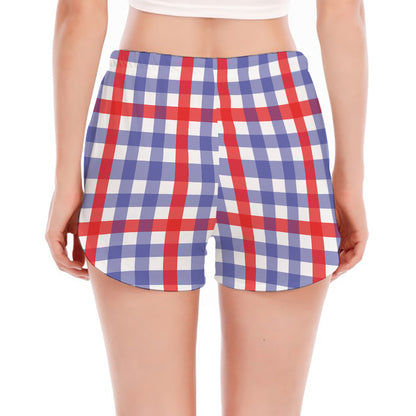 Blue Red And White Check Pattern Print Women's Split Running Shorts