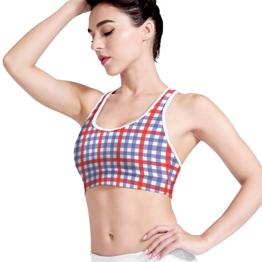 Blue Red And White Check Pattern Print Women's Sports Bra