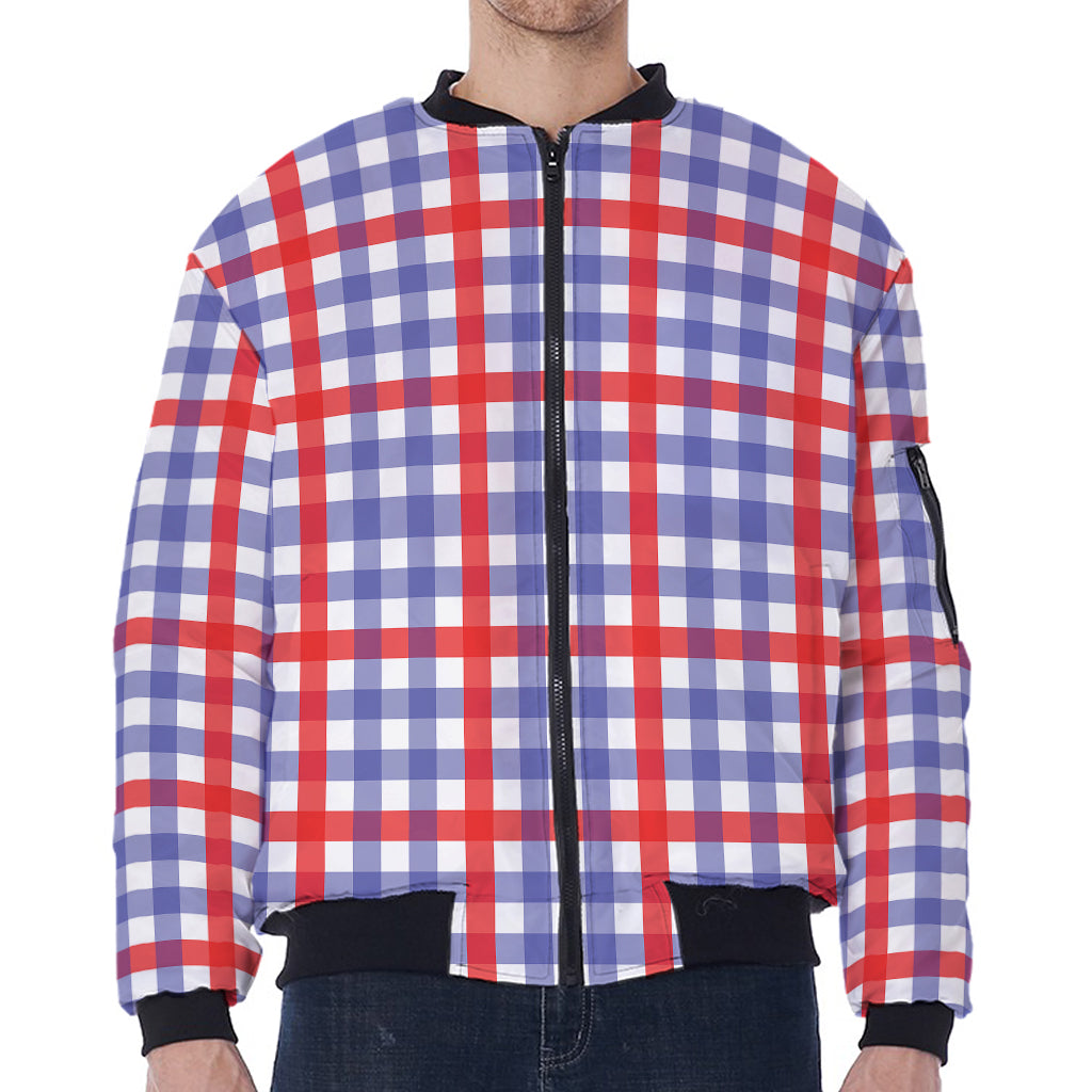 Blue Red And White Check Pattern Print Zip Sleeve Bomber Jacket