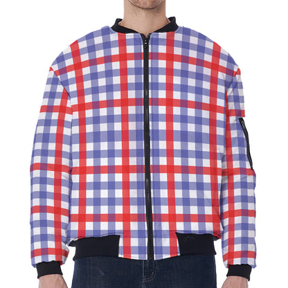 Blue Red And White Check Pattern Print Zip Sleeve Bomber Jacket