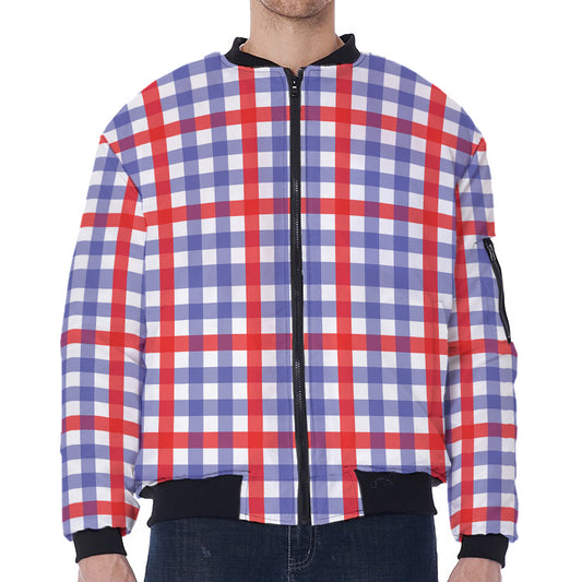 Blue Red And White Check Pattern Print Zip Sleeve Bomber Jacket