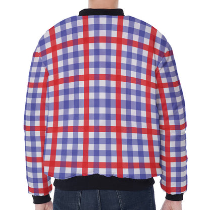 Blue Red And White Check Pattern Print Zip Sleeve Bomber Jacket