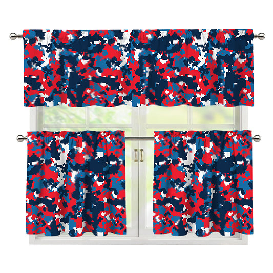 Blue Red And White Digital Camo Print 3 Piece Kitchen Curtains