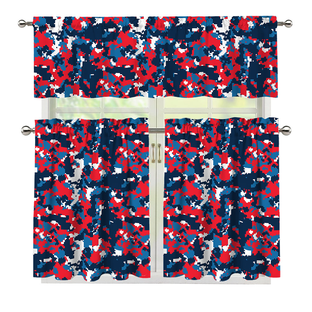 Blue Red And White Digital Camo Print 3 Piece Kitchen Curtains