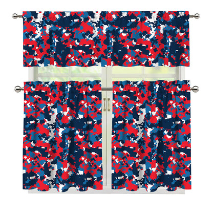 Blue Red And White Digital Camo Print 3 Piece Kitchen Curtains