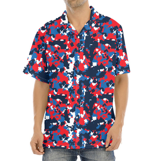 Blue Red And White Digital Camo Print Aloha Shirt