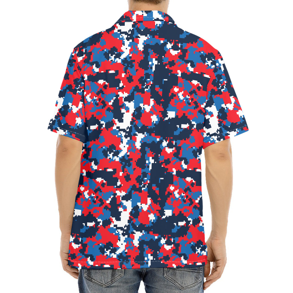 Blue Red And White Digital Camo Print Aloha Shirt