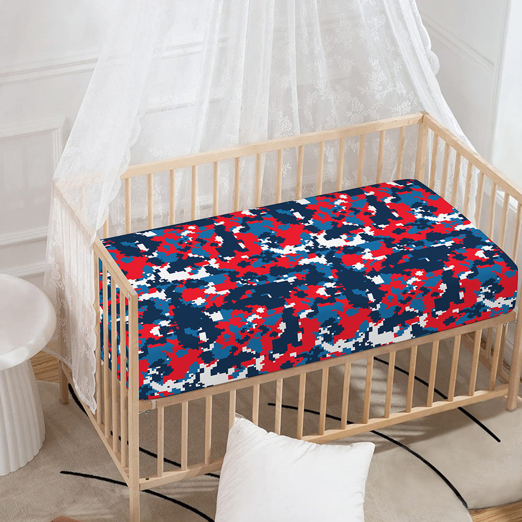 Blue Red And White Digital Camo Print Baby Crib Sheet