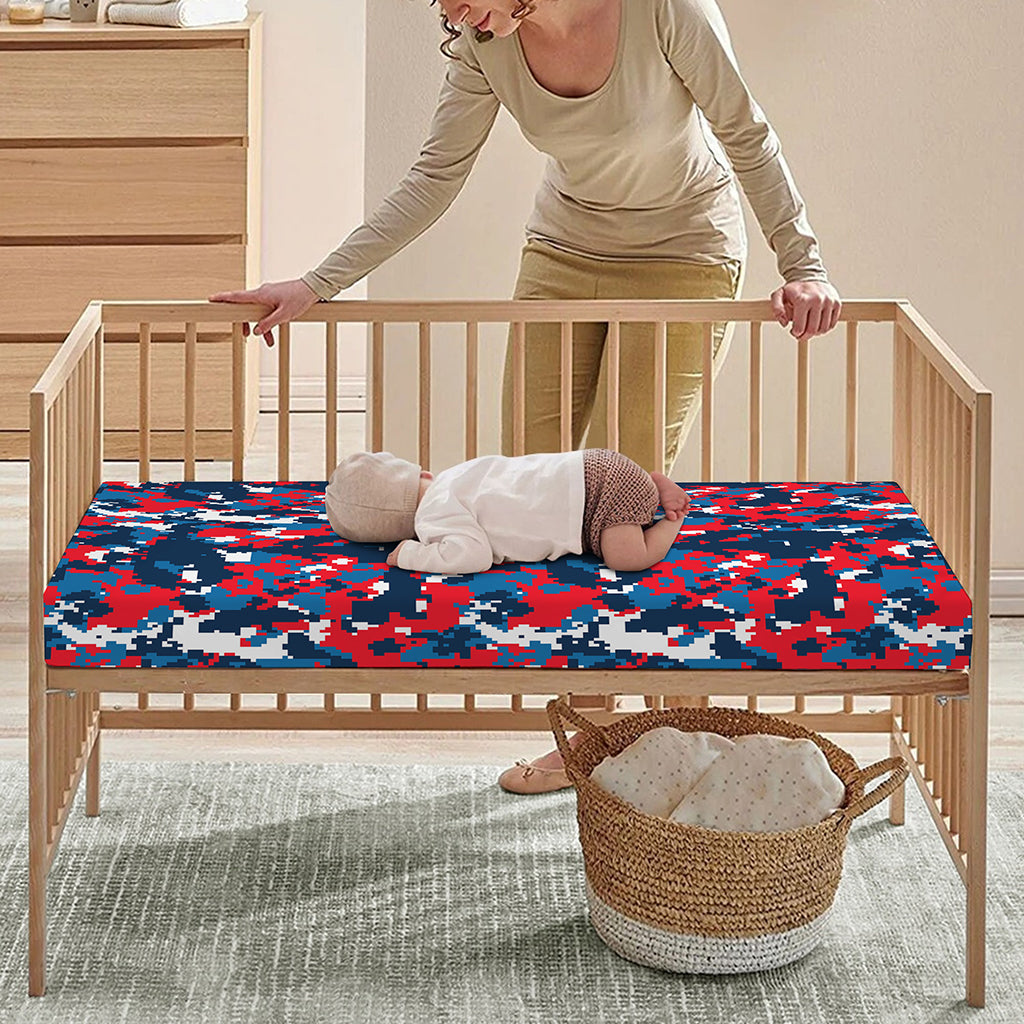 Blue Red And White Digital Camo Print Baby Crib Sheet