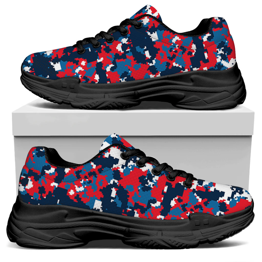 Blue Red And White Digital Camo Print Black Chunky Shoes