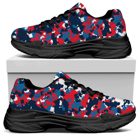 Blue Red And White Digital Camo Print Black Chunky Shoes