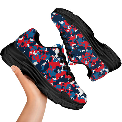 Blue Red And White Digital Camo Print Black Chunky Shoes
