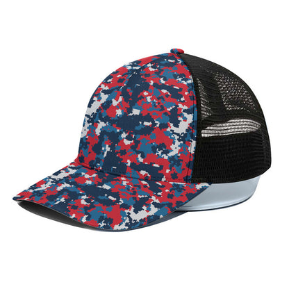 Blue Red And White Digital Camo Print Black Mesh Trucker Cap