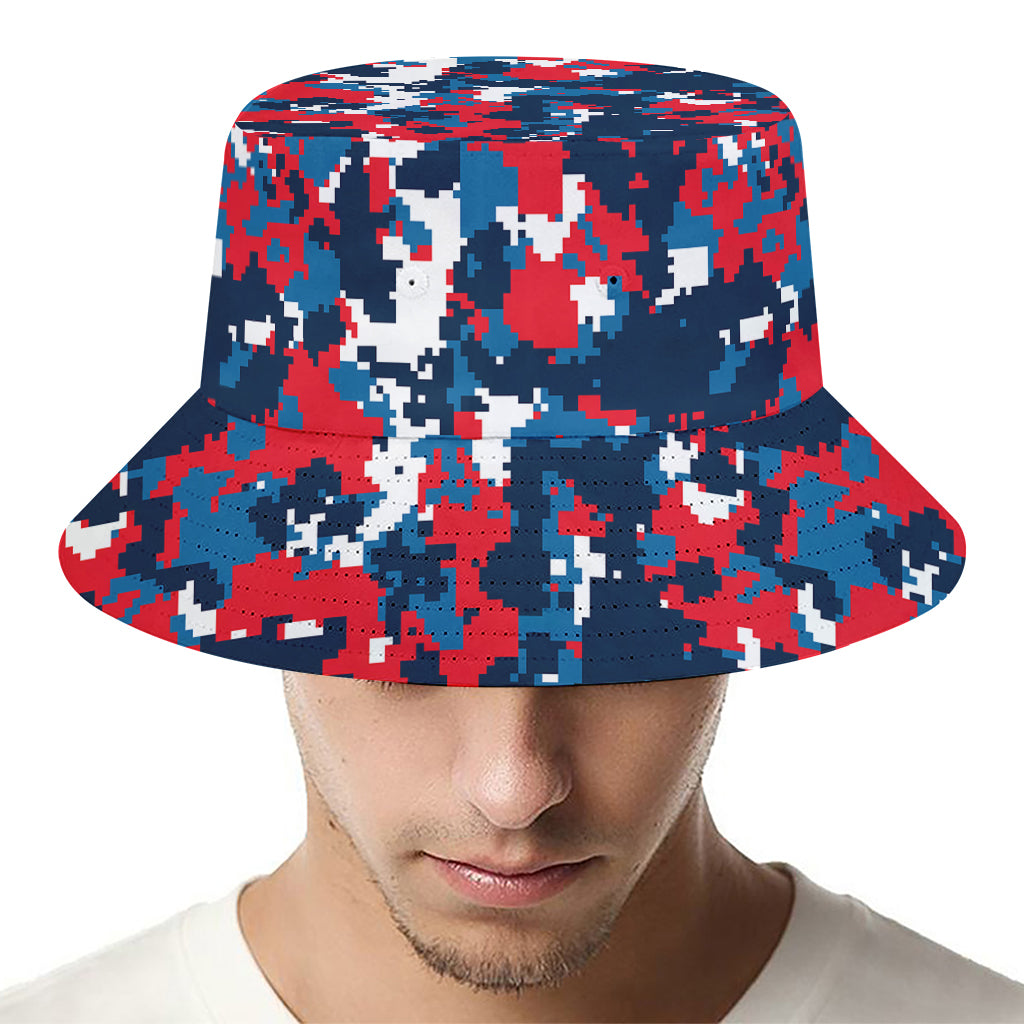Blue Red And White Digital Camo Print Bucket Hat