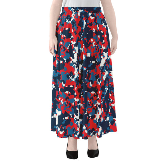 Blue Red And White Digital Camo Print Chiffon Maxi Skirt