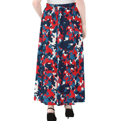 Blue Red And White Digital Camo Print Chiffon Maxi Skirt
