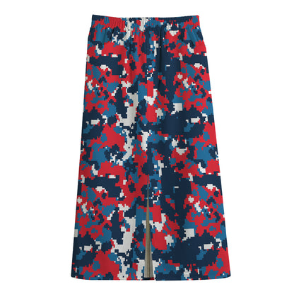 Blue Red And White Digital Camo Print Cotton Front Slit Maxi Skirt