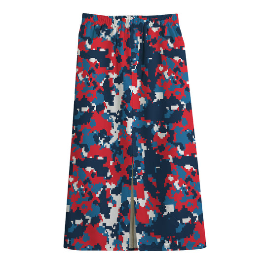 Blue Red And White Digital Camo Print Cotton Front Slit Maxi Skirt
