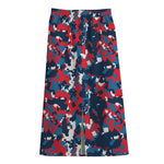 Blue Red And White Digital Camo Print Cotton Front Slit Maxi Skirt