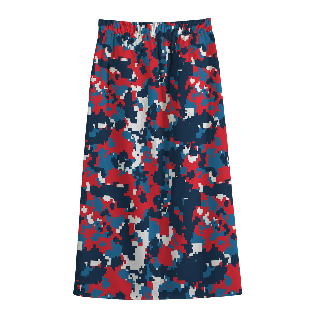 Blue Red And White Digital Camo Print Cotton Front Slit Maxi Skirt