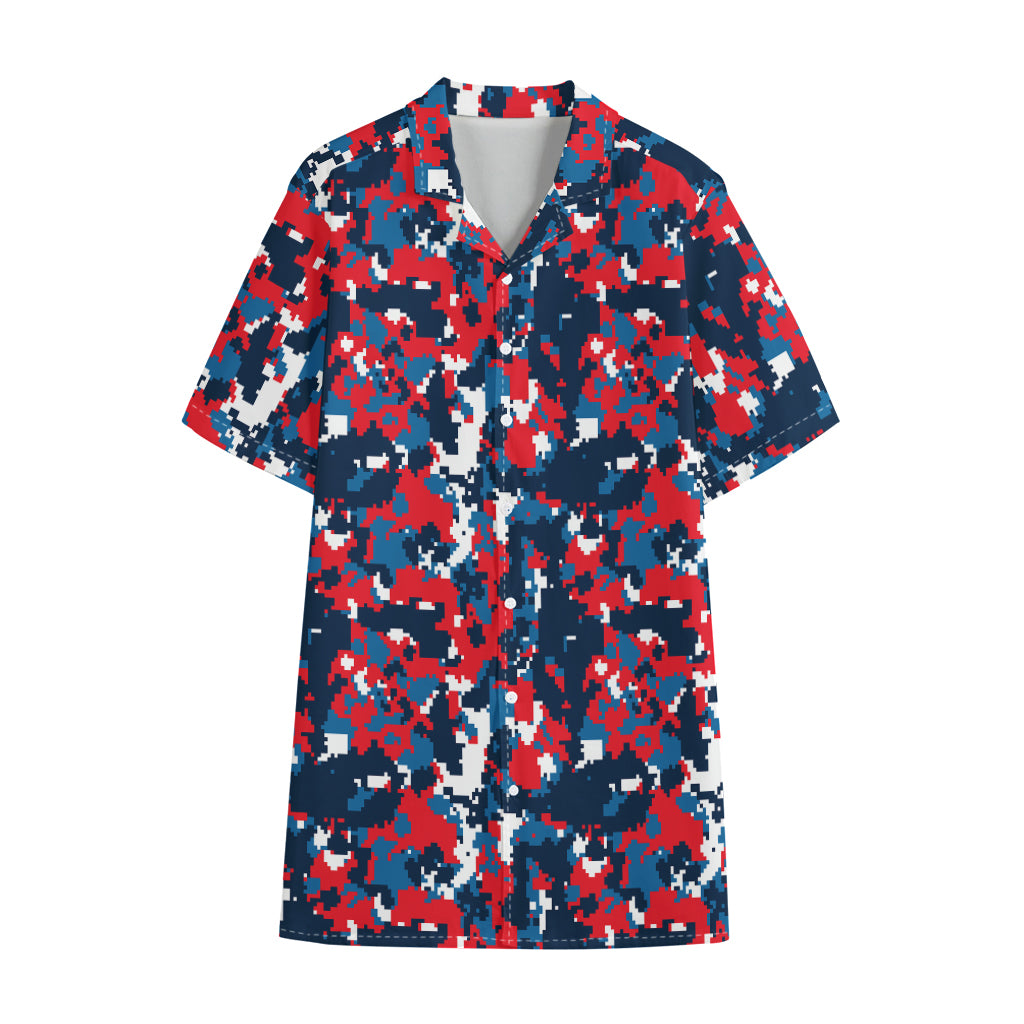 Blue Red And White Digital Camo Print Cotton Hawaiian Shirt