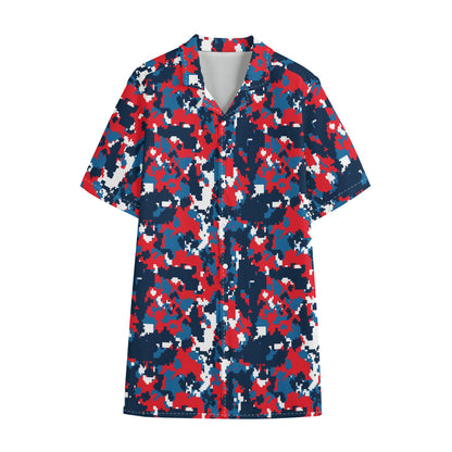 Blue Red And White Digital Camo Print Cotton Hawaiian Shirt