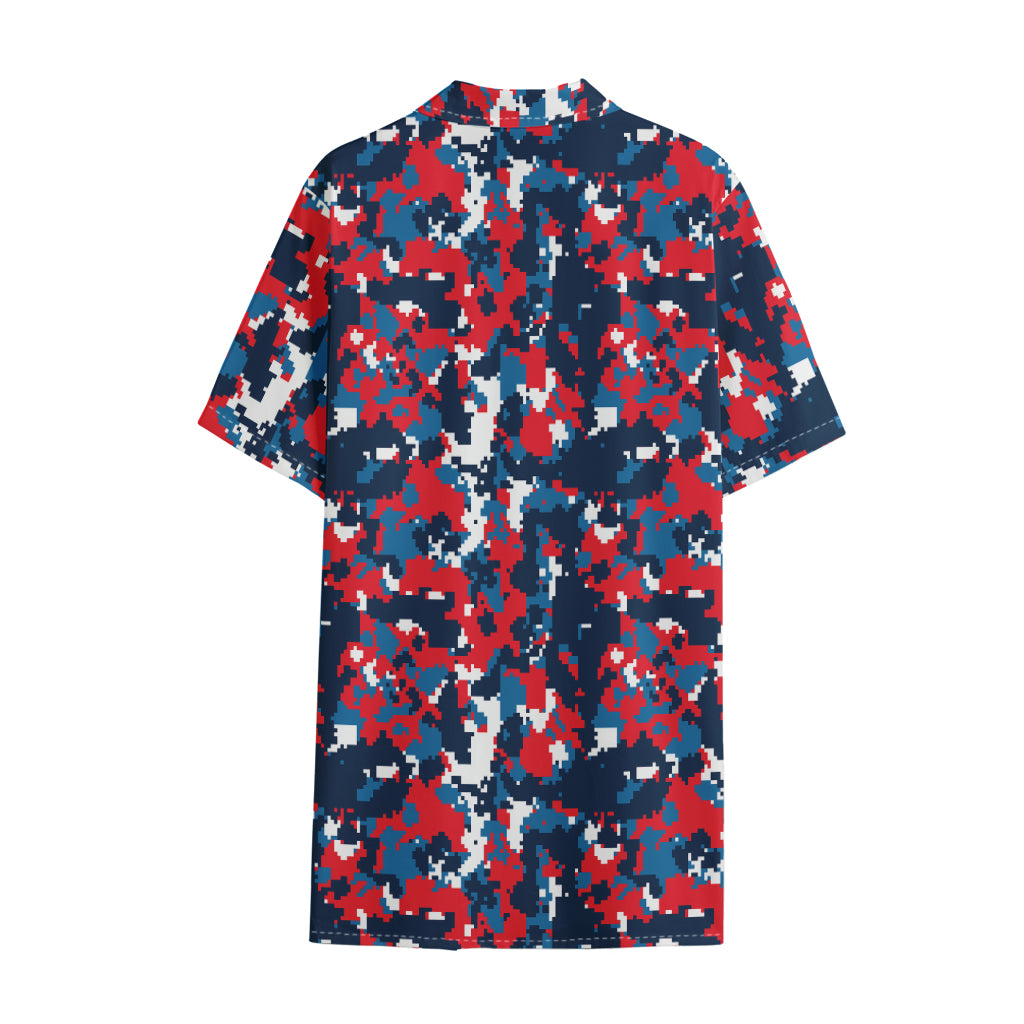 Blue Red And White Digital Camo Print Cotton Hawaiian Shirt