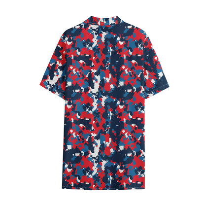 Blue Red And White Digital Camo Print Cotton Hawaiian Shirt