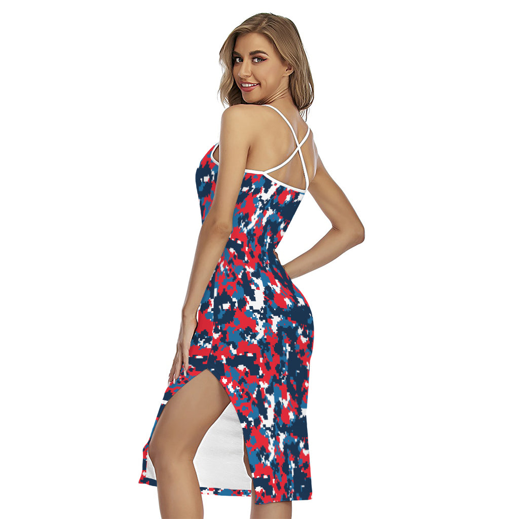 Blue Red And White Digital Camo Print Cross Back Cami Dress