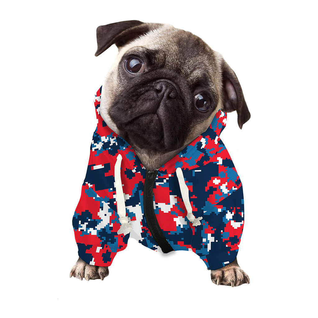 Blue Red And White Digital Camo Print Dog Zip Up Hoodie