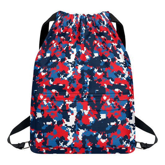 Blue Red And White Digital Camo Print Drawstring Backpack