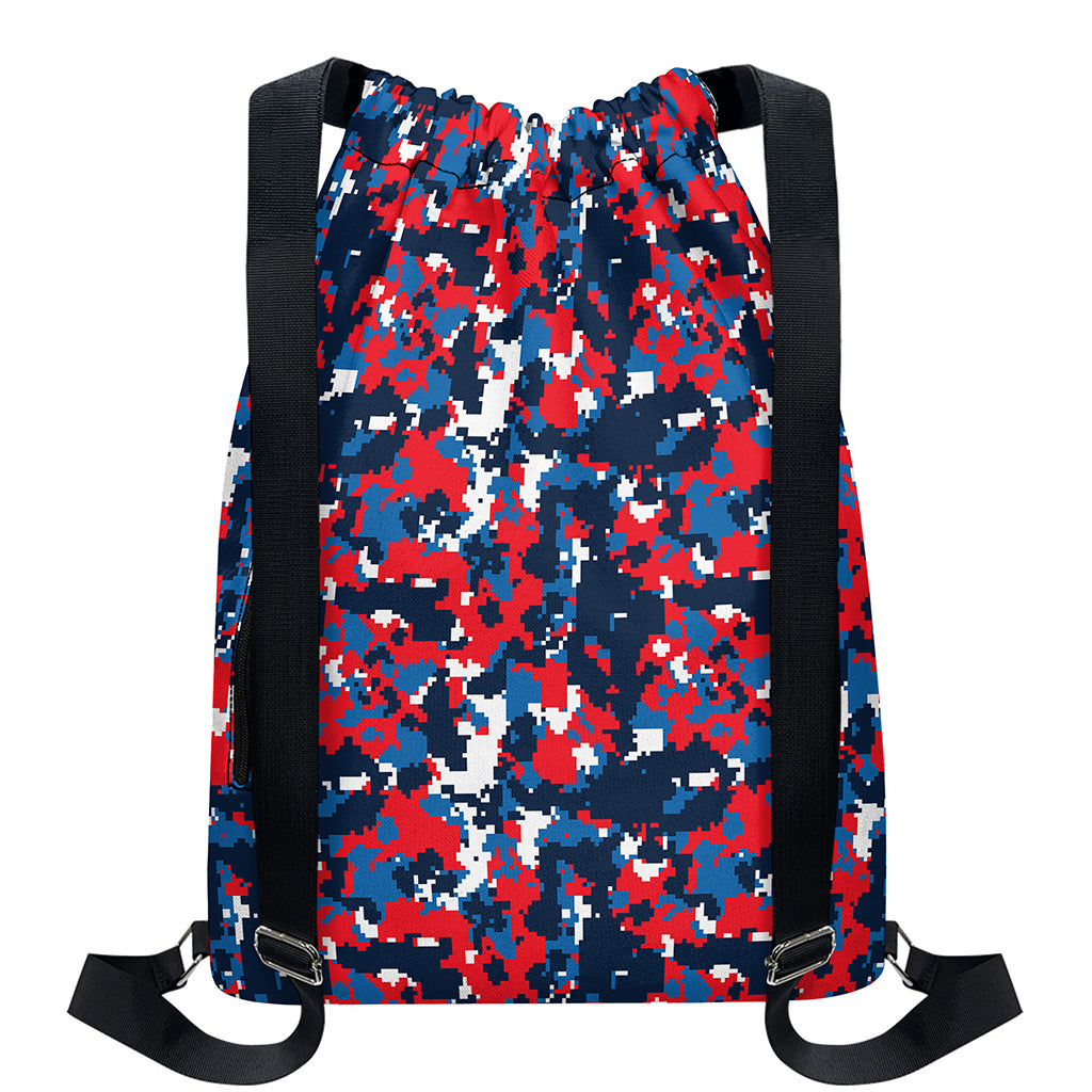 Blue Red And White Digital Camo Print Drawstring Backpack