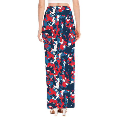 Blue Red And White Digital Camo Print High Slit Maxi Skirt