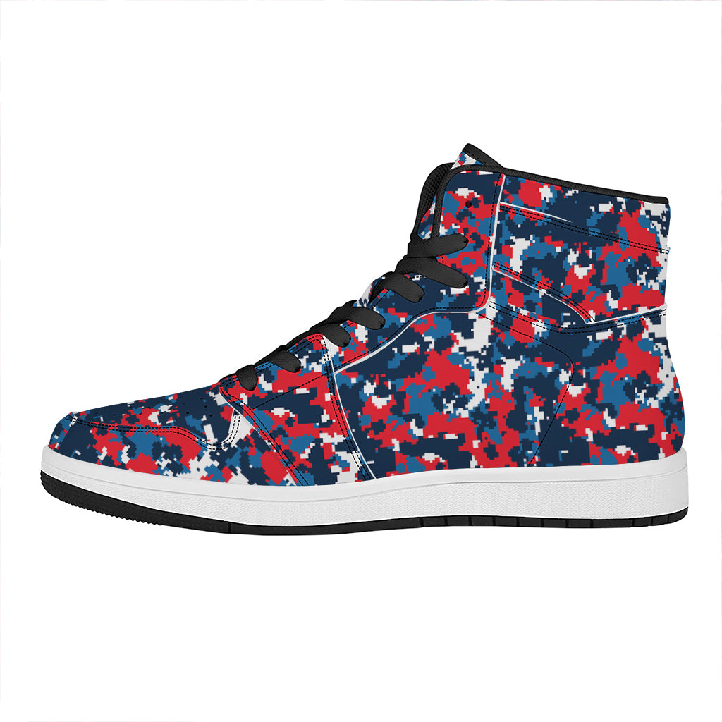 Blue Red And White Digital Camo Print High Top Leather Sneakers