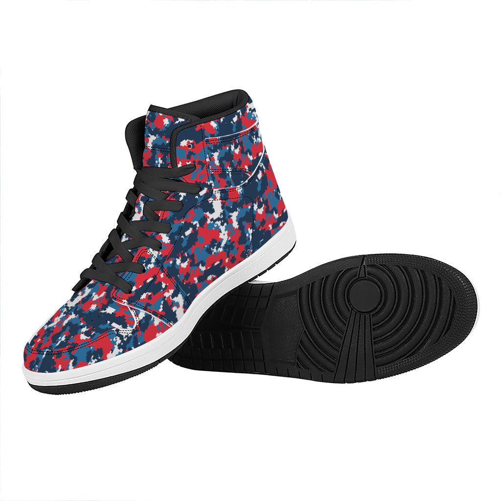 Blue Red And White Digital Camo Print High Top Leather Sneakers