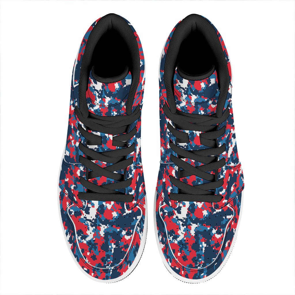 Blue Red And White Digital Camo Print High Top Leather Sneakers