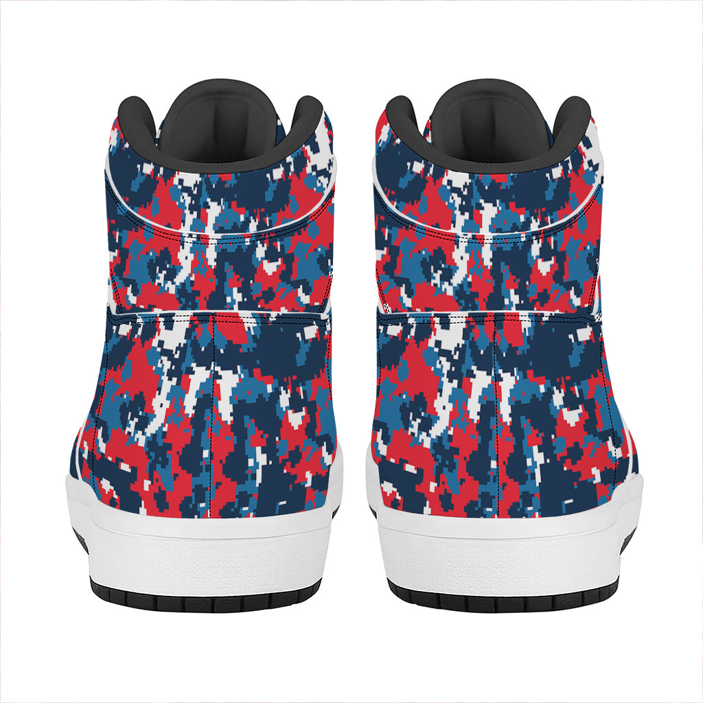 Blue Red And White Digital Camo Print High Top Leather Sneakers