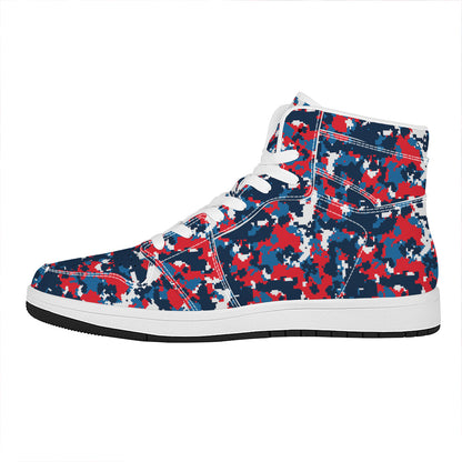 Blue Red And White Digital Camo Print High Top Leather Sneakers